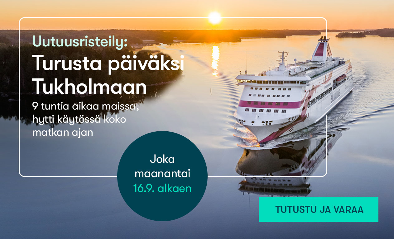 Turusta päiväksi Tukholmaan uutuusristeily, 9 tuntia aikaa maissa. Palluran teksti: Joka maanantai 16.9. alkaen