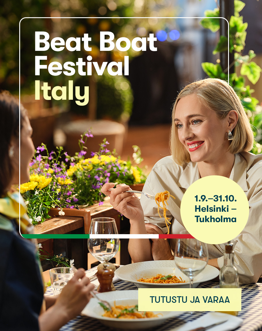 Beat Boat Festival Italy Helsinki-Tukholma-reitillä 1.9.-31.10. - nainen syö laivan ravintolassa spagettia