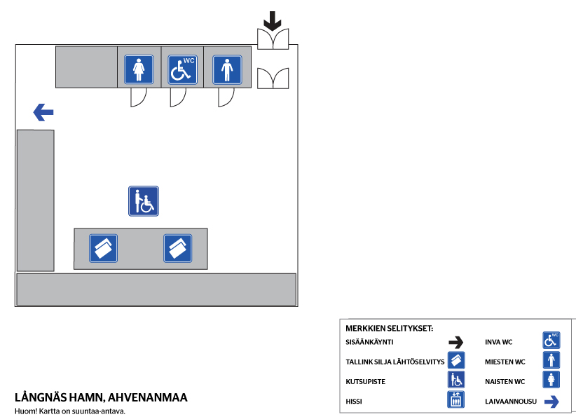 Långnäsin terminaalin kutsupisteen löydät sisäänkäynnin (automaattiovet) jälkeen Tallink Siljan lähtöselvityksestä. Inva-WC sijaitsee ensimmäisessä kerroksessa. Invapysäköintiä varten terminaalin ulkopuolella on kaksi paikkaa.