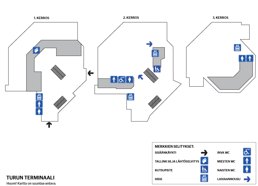 Turun terminaalin kutsupisteen löydät sisäänkäynnin (automaattiovet) jälkeen vasemmalta ryhmälähtöselvityksen luota. Tallink Siljan lähtöselvitys on 1. kerroksessa. Terminaalissa on hissi. Inva-WC sijaitsee toisessa kerroksessa turvatarkastuksen jälkeen. Invapysäköintiä varten terminaalin ulkopuolella on kaksi paikkaa lyhytaikaisen paikoituksen yhteydessä terminaalin ulko-oven vieressä.