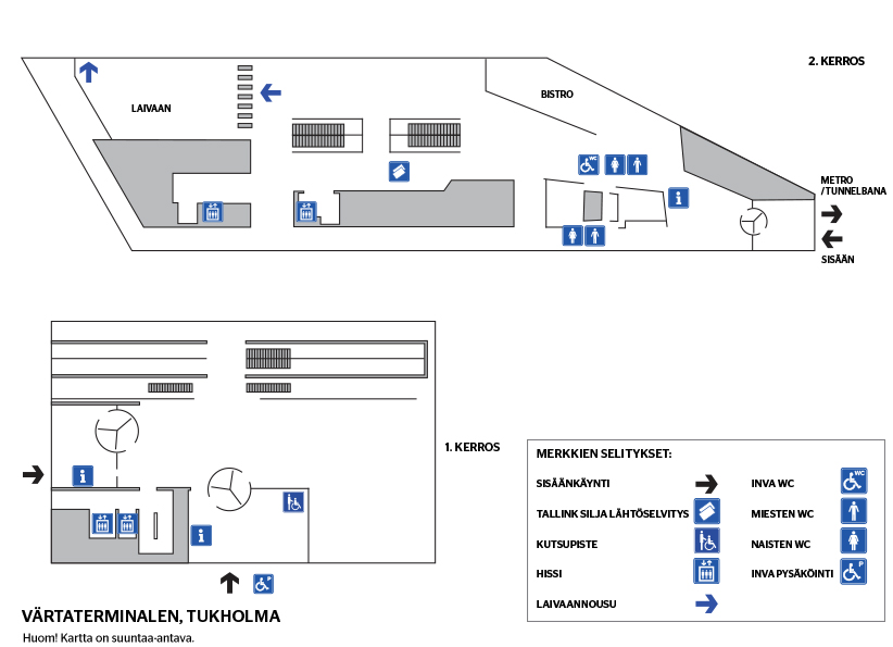 Värtanin kutsupisteen löydät heti sisäänkäynnin jälkeen oikealta (1. kerros vastapäätä infoa). Tallink Siljan lähtöselvitys on 2. kerroksessa. Terminaalissa on hissi. Inva-WC sijaitsee toisessa kerroksessa. Invapysäköinti sijaitsee terminaalin ulkopuolella.
